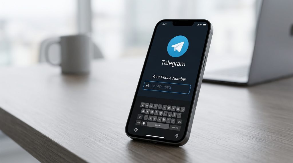 一台手机在注册页面输入号码,屏幕显示Telegram的简洁登录界面,现代感强