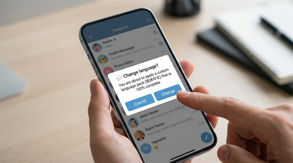一部手机屏幕展示Telegram汉化确认弹窗，界面简洁，清晰显示Change按钮
