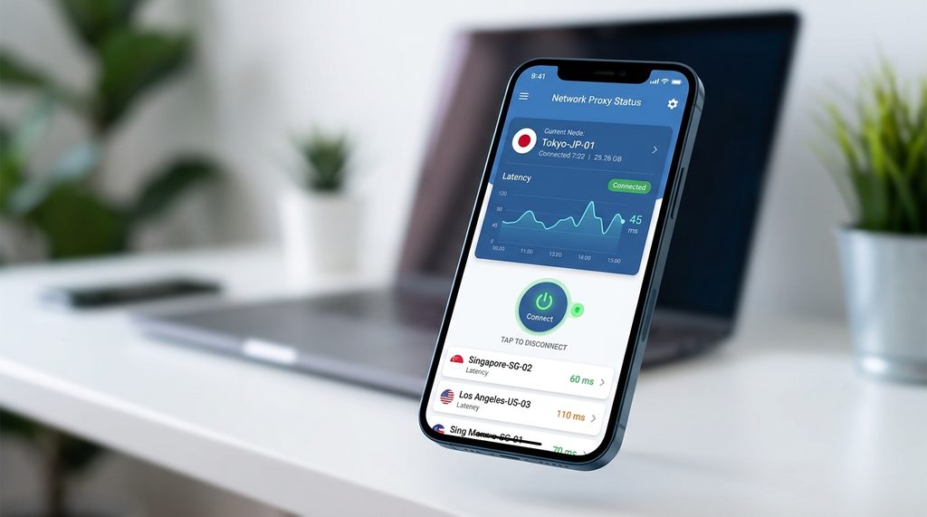一部智能手机正在运行网络代理软件，界面显示节点延迟数值和连接开关，简洁明亮的科技感风格