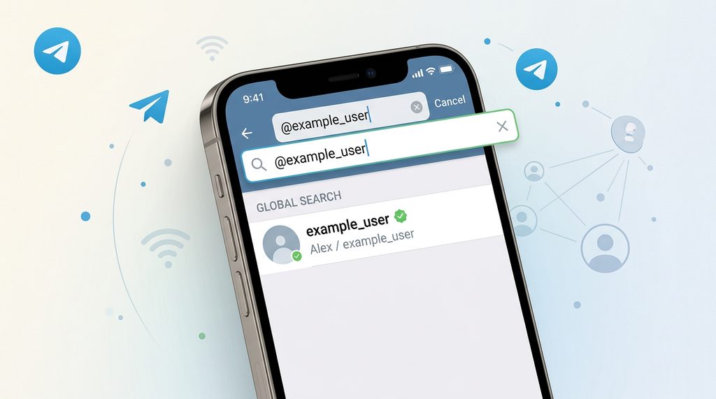 手机屏幕显示纸飞机搜索结果页面,搜索框中输入了 @ 开头的用户名,下方展示出目标联系人图标