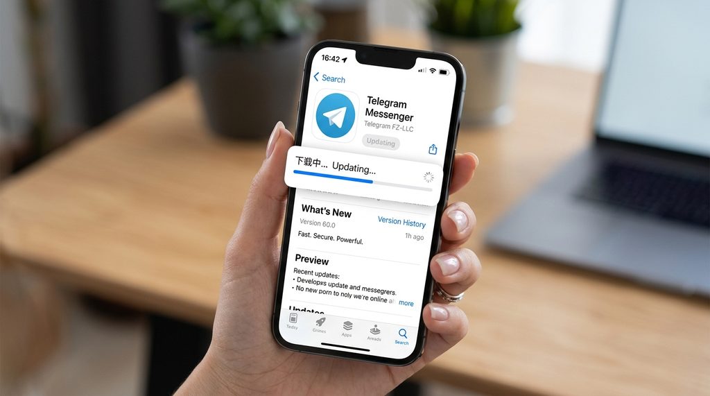 用户在应用商店点击更新纸飞机APP的界面，屏幕显示进度条和应用图标，干净整洁的移动端UI设计