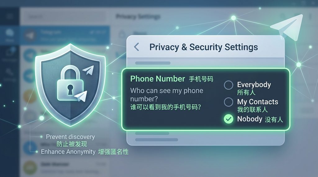 纸飞机隐私设置页面,重点突出手机号码可见性设置,图标为盾牌形状,暗示安全防护