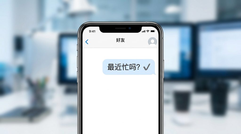 智能手机聊天界面，显示发送出的消息旁有一个勾号，背景模糊处理以突出显示聊天气泡