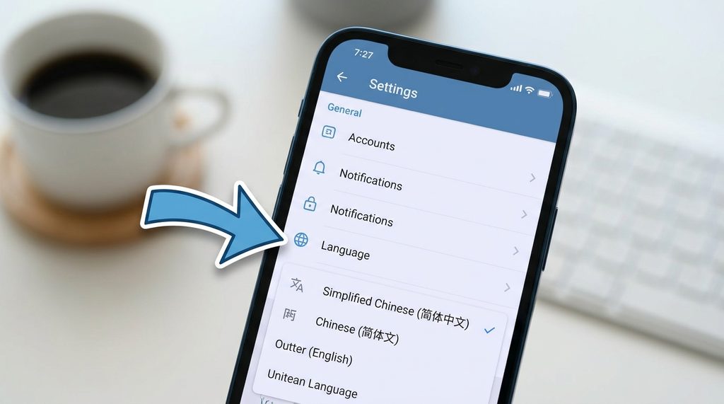 手机设置界面截图，箭头指向Language选项，下方显示简体中文语言列表