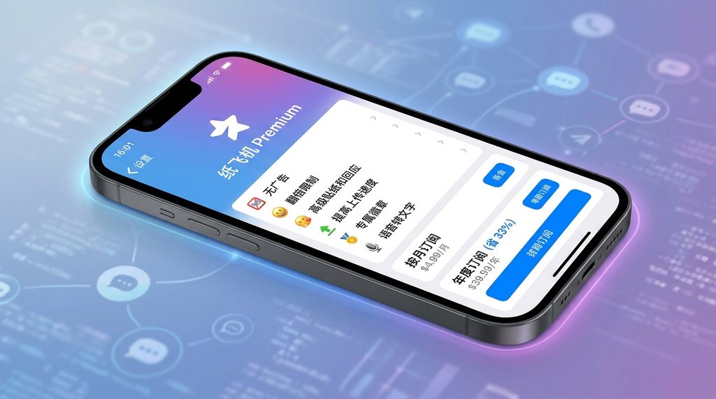智能手机界面展示纸飞机设置菜单中的Premium订阅选项,界面简洁明了,突出会员权益列表