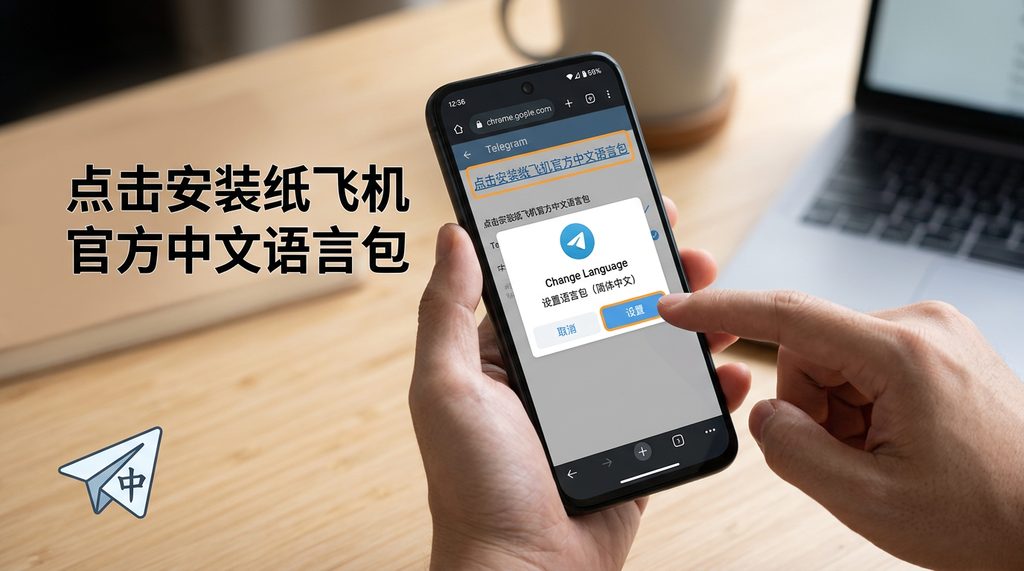 展示用户在手机浏览器中点击汉化链接，屏幕显示纸飞机弹窗确认安装语言包的实景图