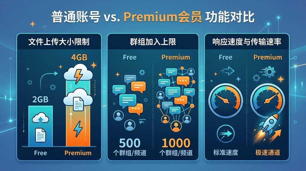 数据可视化图表,对比免费账号与Premium会员在文件上传大小、群组加入上限及响应速度上的差异