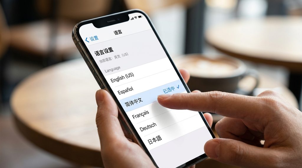 手机屏幕显示纸飞机软件语言设置菜单,指尖点击简体中文选项的特写镜头,背景模糊处理