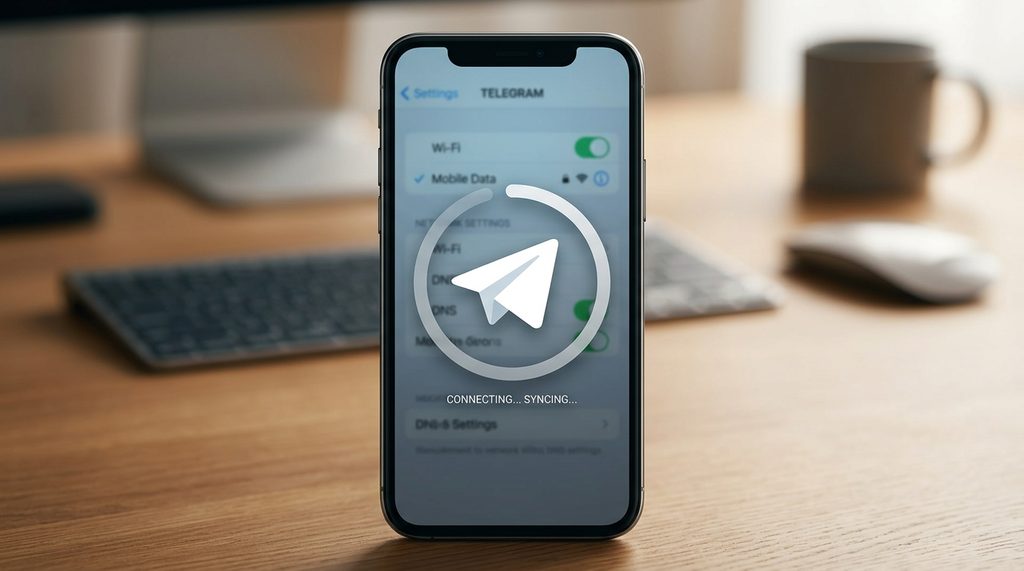 手机屏幕显示纸飞机加载转圈图标,背景为模糊的网络设置界面,强调排查网络连接的场景