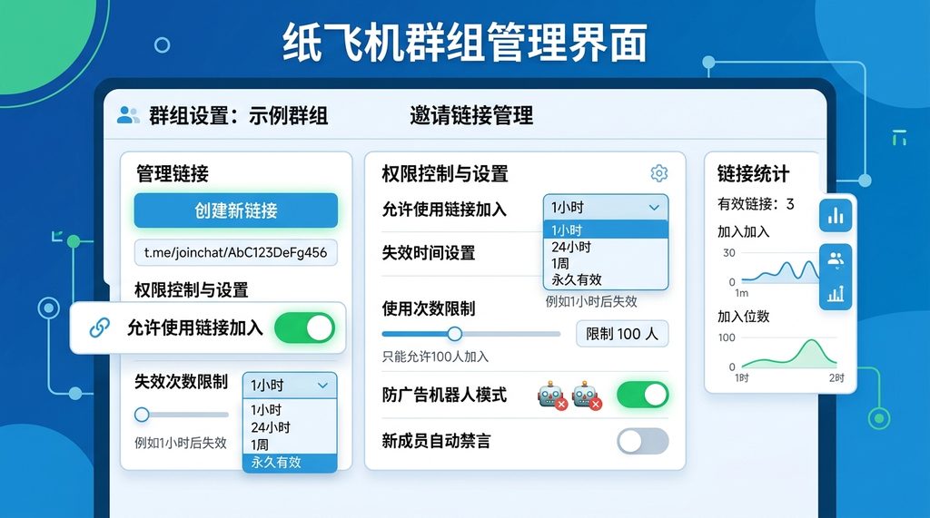 纸飞机群组管理界面,显示邀请链接设置选项和权限控制开关