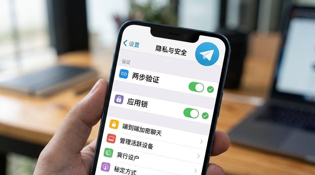 纸飞机手机端隐私设置界面，勾选两步验证和应用锁选项的特写