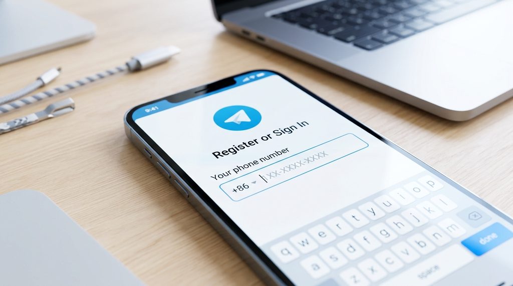 一部智能手机显示纸飞机注册界面,光标停留在手机号码输入框,界面简洁现代