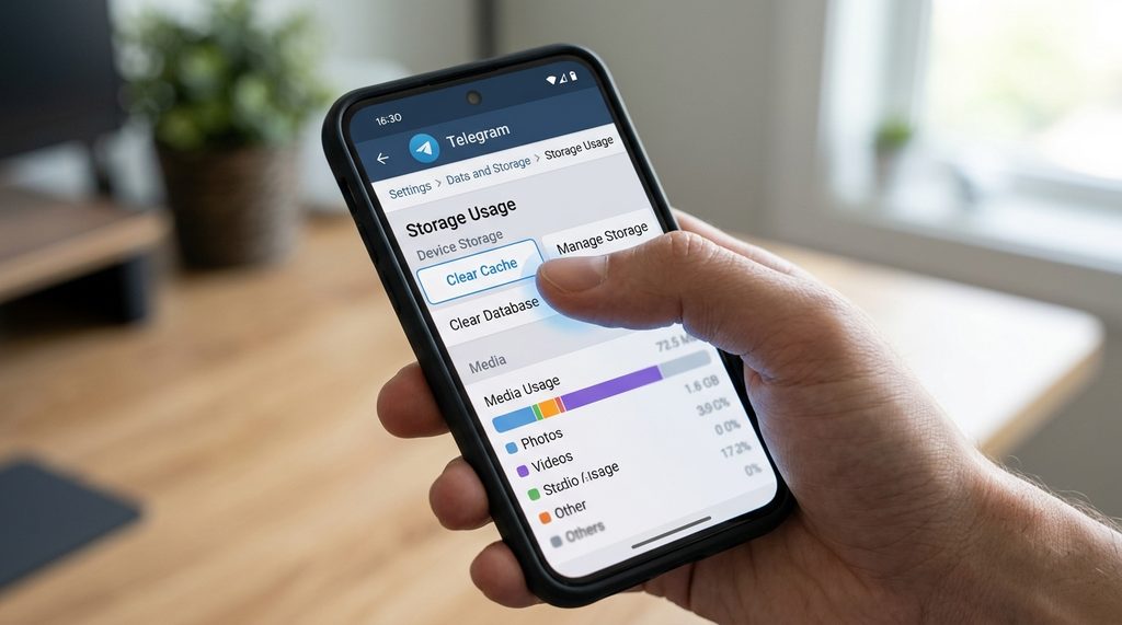 一个人的手机界面，展示纸飞机客户端的“清除数据与缓存”设置选项，屏幕显示清晰的点击路径