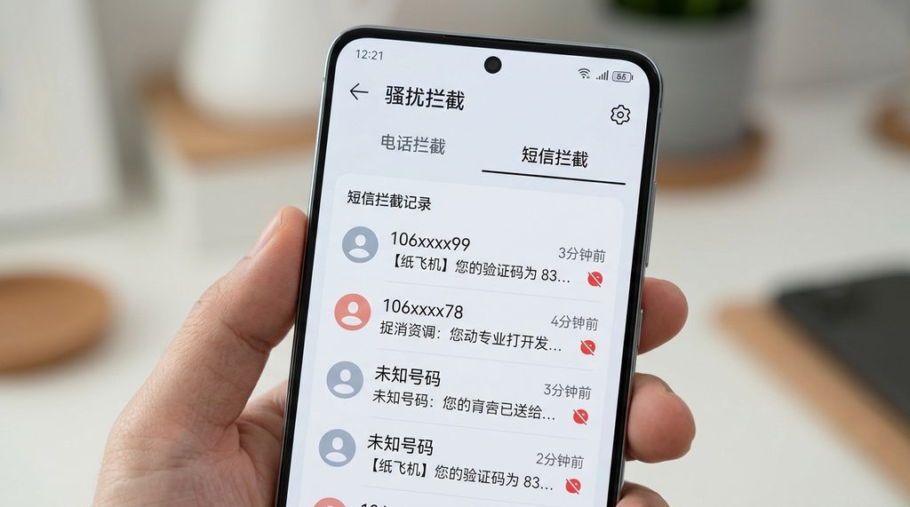手机设置菜单页面,显示短信拦截拦截记录的界面,图标清晰
