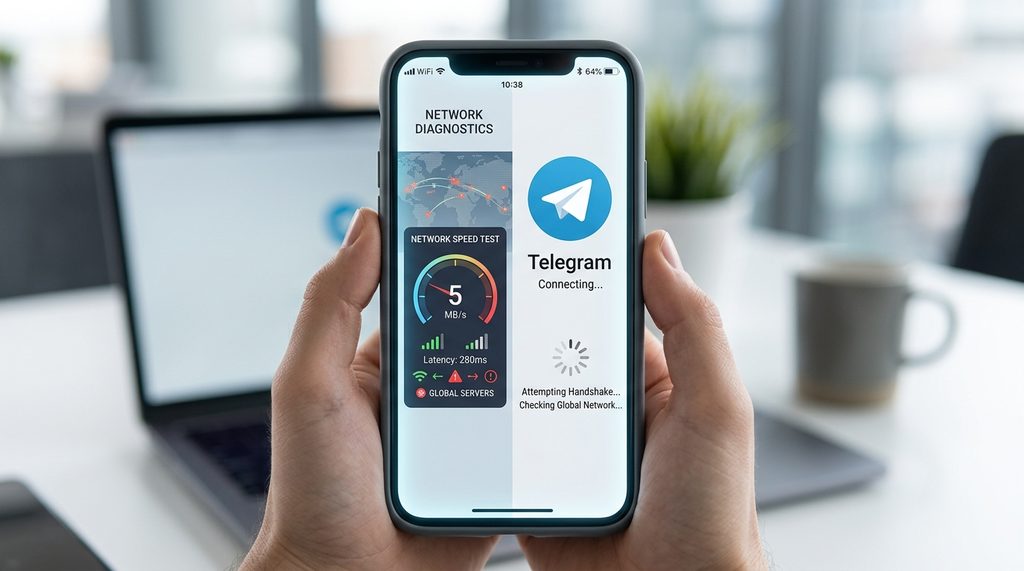 一台智能手机界面，展示网络连接测试工具与纸飞机应用图标，光影简洁，现代感强