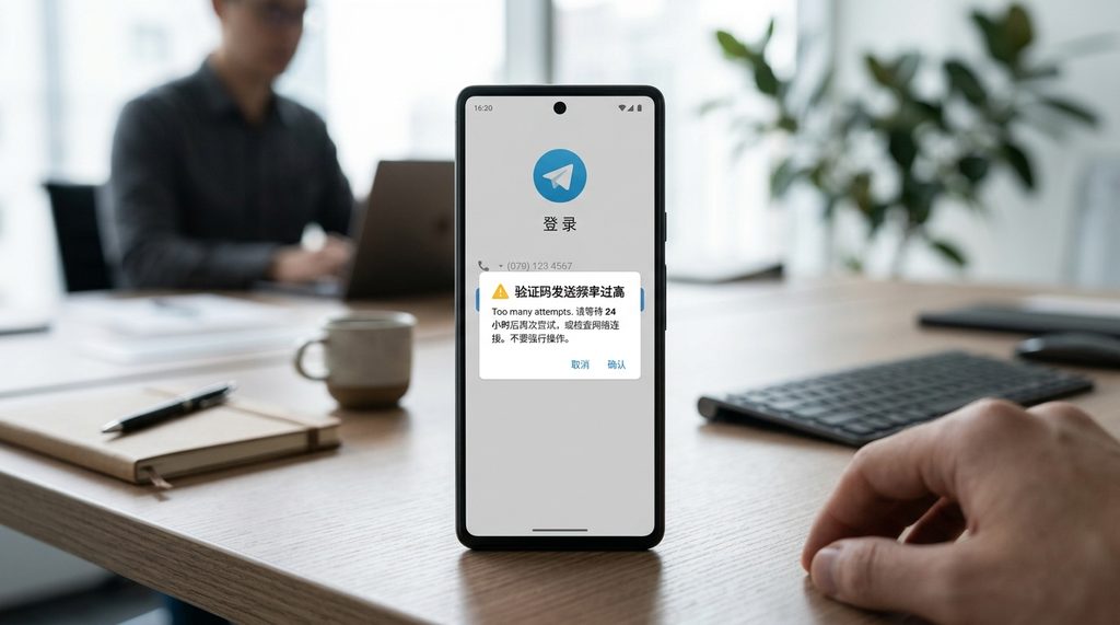手机屏幕显示纸飞机登录界面，弹窗提示“验证码发送频率过高”，背景为虚化的办公桌