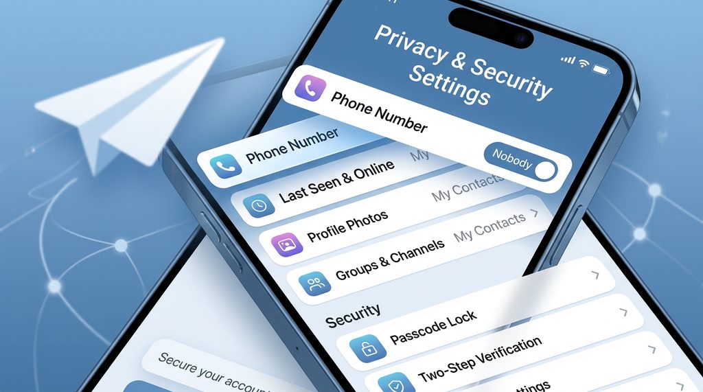 手机屏幕显示纸飞机隐私设置页面,展示隐私和安全详细选项菜单,专业UI设计