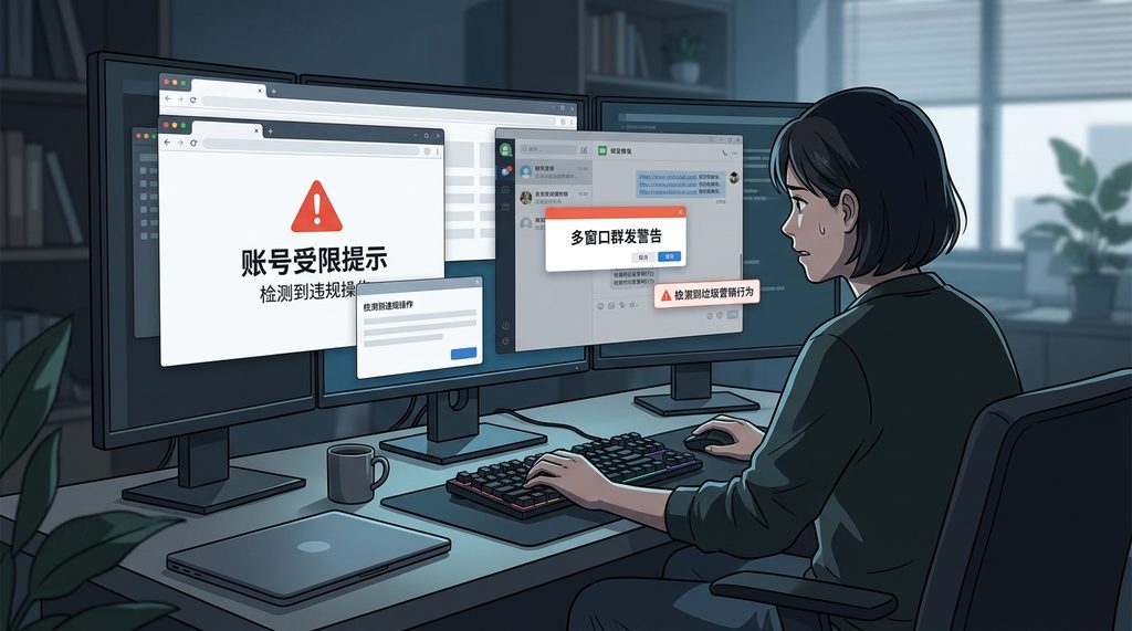 一个人在电脑前操作,屏幕上显示多窗口群发警告和账号受限提示,深色调现代风格