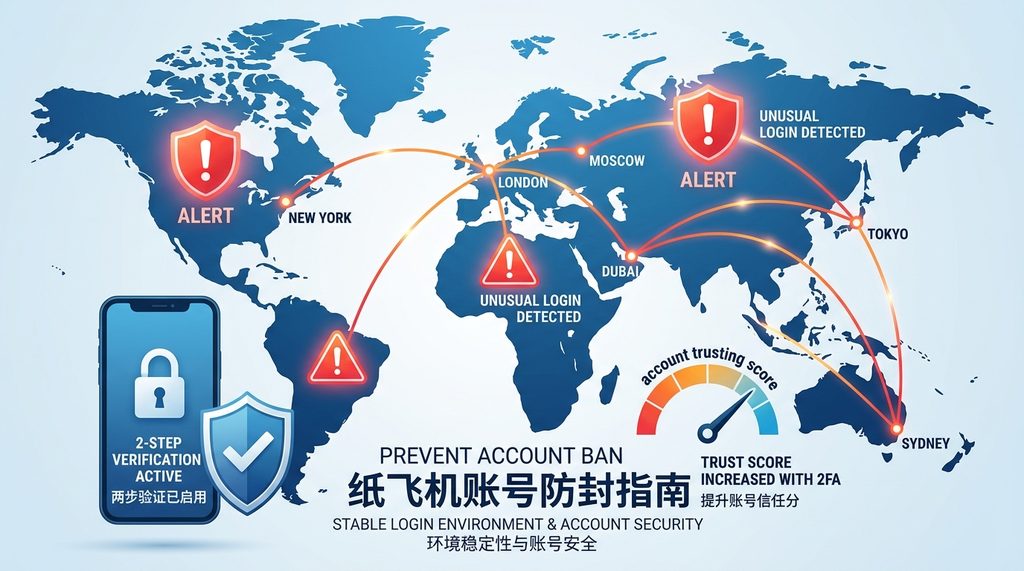 世界地图背景,连接线指向不同的地理位置,显示账号异地登录的风险预警图标