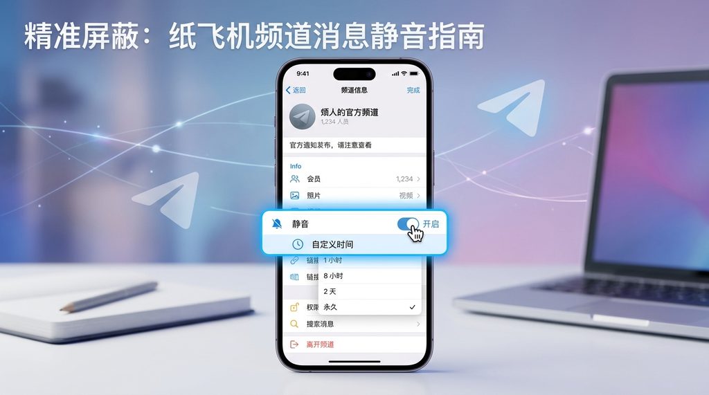 手机屏幕截图，展示纸飞机频道信息设置页面，高亮显示“静音（Mute）”开关及时间自定义选项