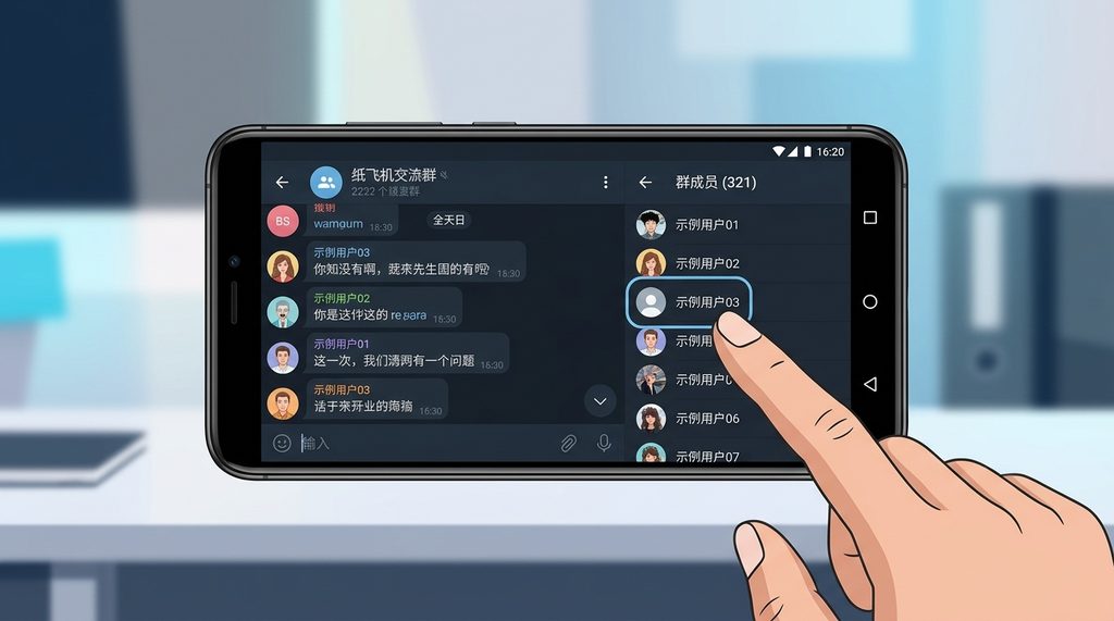 手机屏幕显示纸飞机群聊列表，用户正在点击群成员名单中的头像进行查看