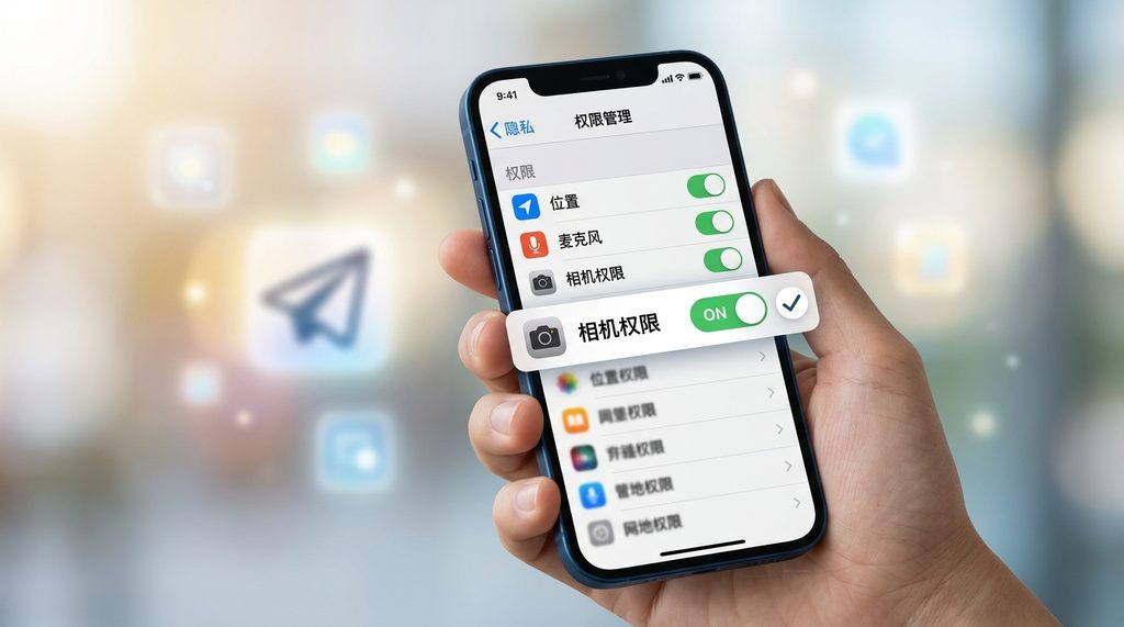 智能手机隐私设置界面，勾选相机权限的示意图，背景虚化