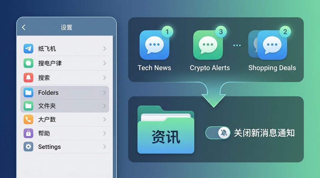 纸飞机文件夹设置界面，展示将多个频道归纳进“资讯”文件夹的逻辑演示图