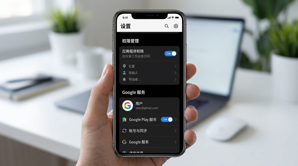 一部智能手机的设置界面特写,展示了应用程序权限管理和Google服务开启状态的图标,简洁明了的UI设