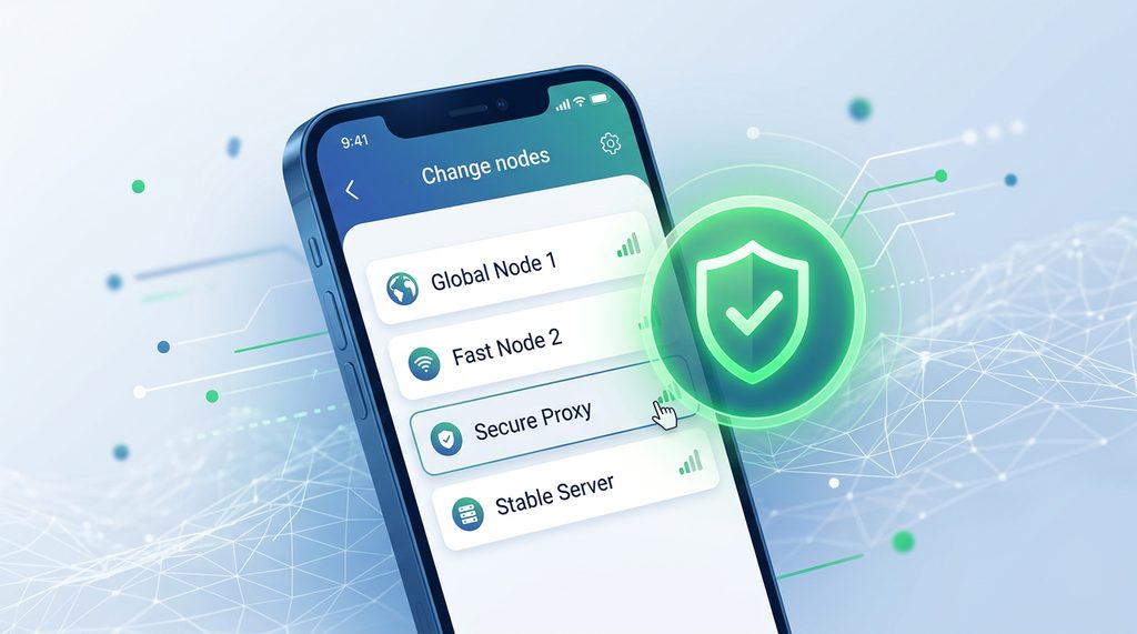 一张简洁的手机屏幕截图,显示代理软件切换节点的界面,旁边配有绿色的网络连接状态图标