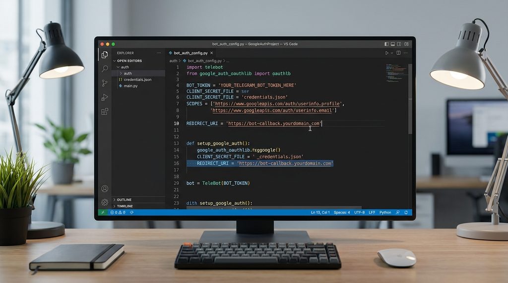 代码编辑器界面,展示着一段Python脚本,正在配置纸飞机 Bot的API连接与Google Clo