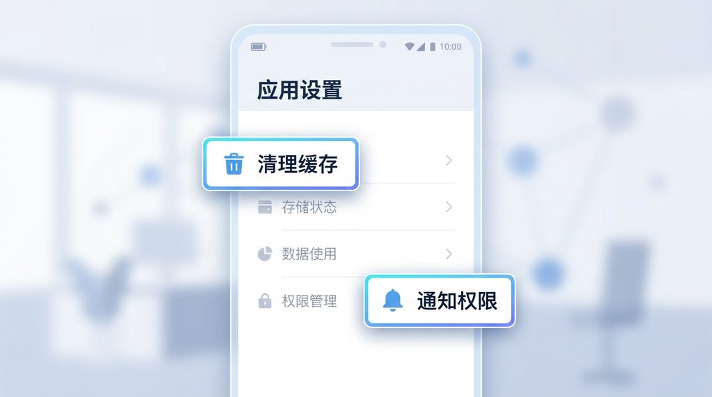 极简风格的手机设置菜单示意图,突出显示“清理缓存”和“通知权限”选项
