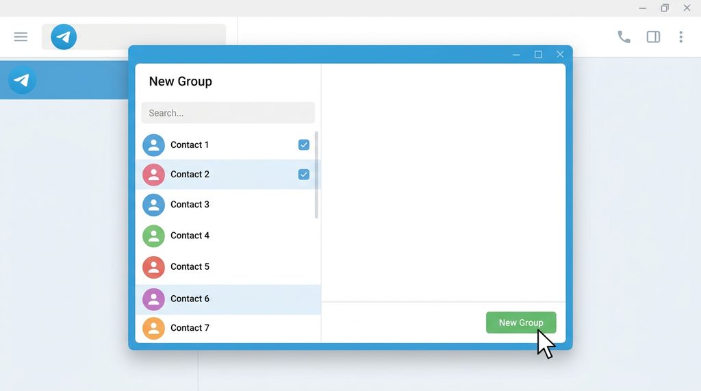 纸飞机软件界面操作截图,展示点击新建群组后的成员选择列表,光标悬停在新建群组按钮上