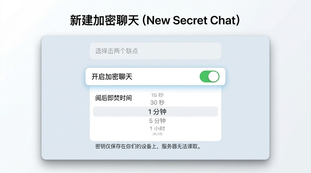 纸飞机软件内的加密聊天设置界面截图,显示“开启加密聊天”按钮和阅后即焚的时间选择器,简洁明了的UI风