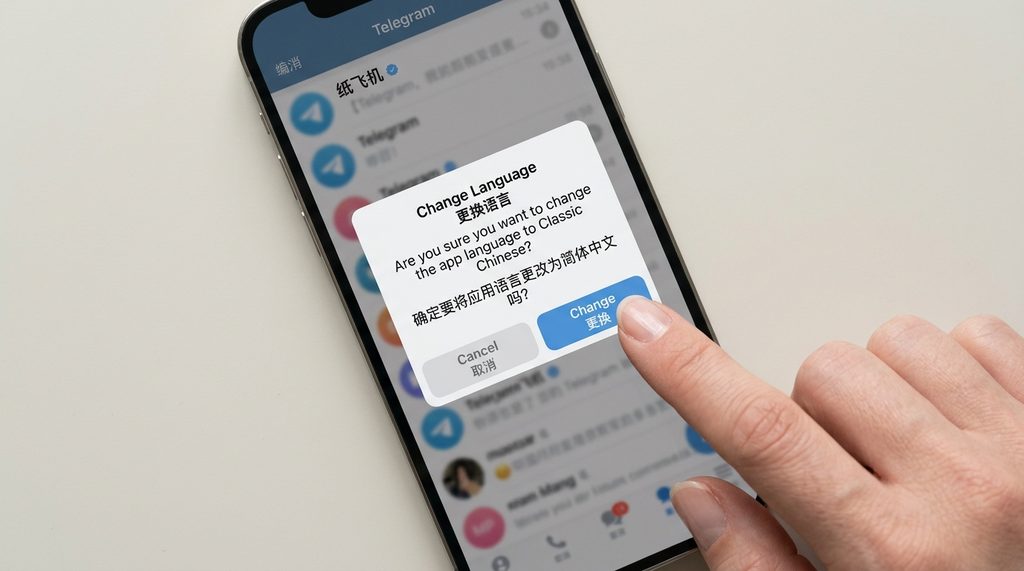 手机屏幕显示纸飞机App语言设置弹出框,手指点击Change按钮的特写镜头,简洁明快风格
