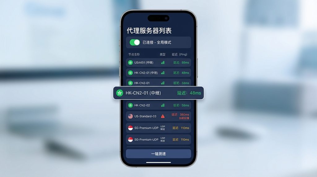 一张手机界面截图,展示代理软件的延迟测速界面,显示多条线路的Ping值和连接状态