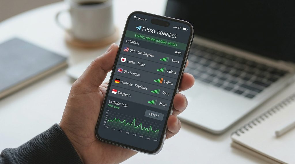 一台智能手机上打开代理软件，界面显示节点列表以及Ping值延迟检测的动态画面