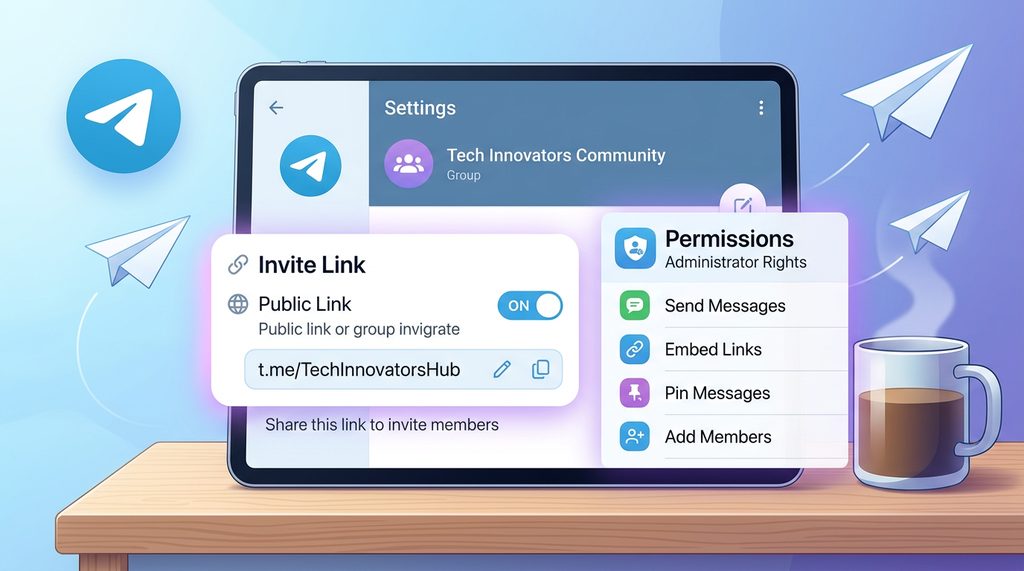 纸飞机群组设置界面,展示群链接编辑框和权限管理选项,强调公开链接的生成过程