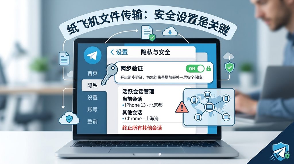 纸飞机后台设置界面,展示“隐私与安全”选项卡中“两步验证”和“活跃会话管理”的设置选项,强调账号保护
