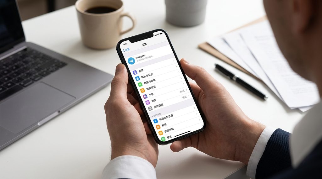 用户在纸飞机App中浏览设置页面的场景,界面显示中文菜单,背景为简洁的办公桌面