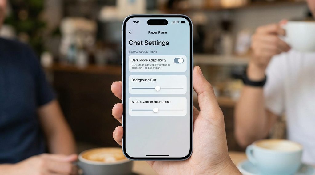 设置界面内部的视觉调整选项,展示聊天背景及气泡圆角调节滑块,风格简洁专业