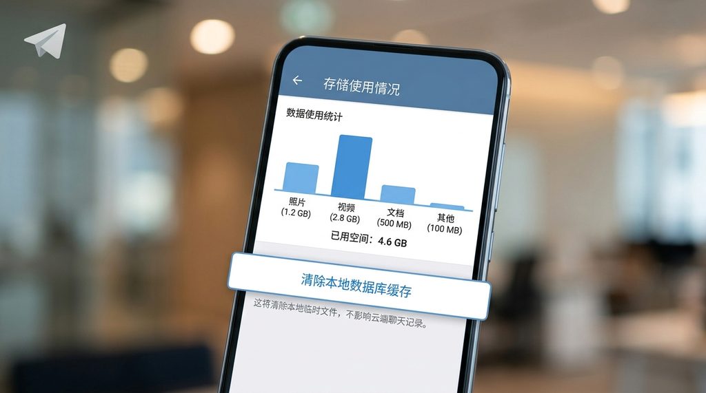纸飞机设置菜单中的“存储使用情况”界面,展示已用空间和清除缓存按钮
