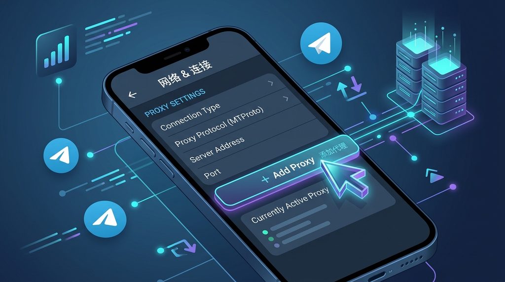 一个清晰的手机设置界面,展示代理服务器配置选项,光标指向“添加代理”按钮,简洁科技风格