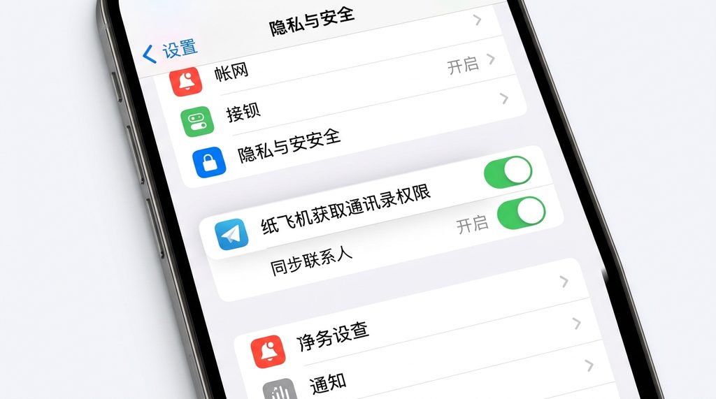 手机设置界面，展示纸飞机App获取通讯录权限的开关选项，简洁明亮的UI风格