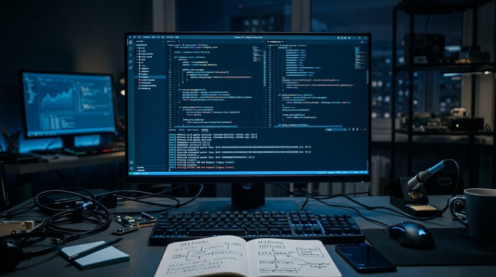 一个极客风格的桌面,屏幕上显示着复杂的 Telegram API 代码和数据流,色调为科技蓝