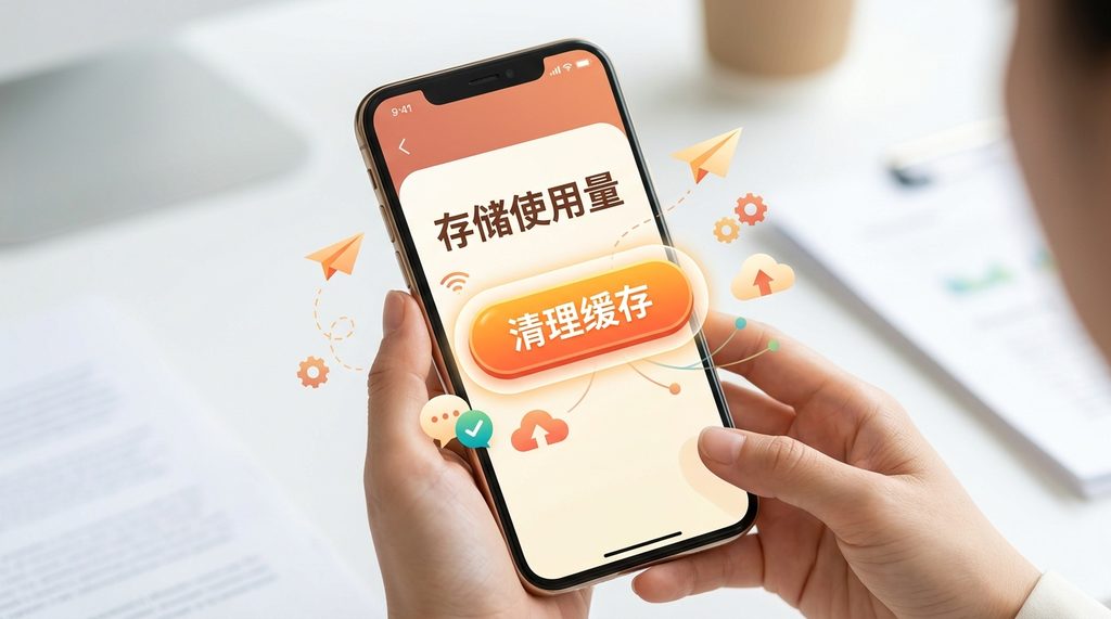 手机屏幕显示“存储使用量”界面,突出显示“清理缓存”按钮,周围有简洁的图标装饰,暖色调风格