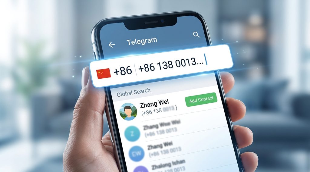 纸飞机搜索界面演示，输入框内显示加号及国家代码，下方弹出好友搜索结果的示意图