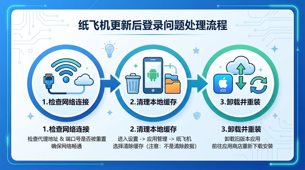 一个清晰的步骤流程图,展示了从检查网络连接、清理本地缓存到卸载重装的三个操作阶段