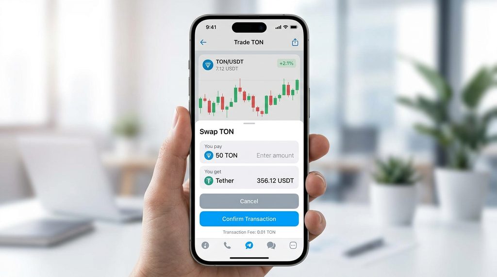 移动端 Telegram 界面,显示着正在使用内置小程序的交易流程,界面简洁明了