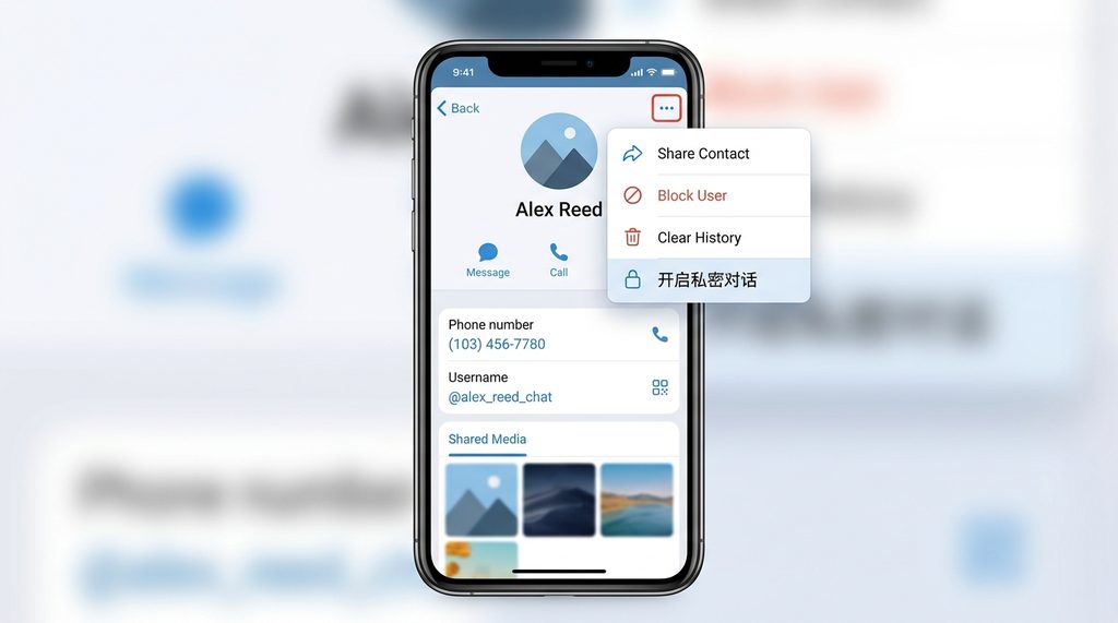 手机屏幕截图,显示在纸飞机个人资料页面点击右上角三个点,弹出菜单中包含‘开启私密对话’选项的界面