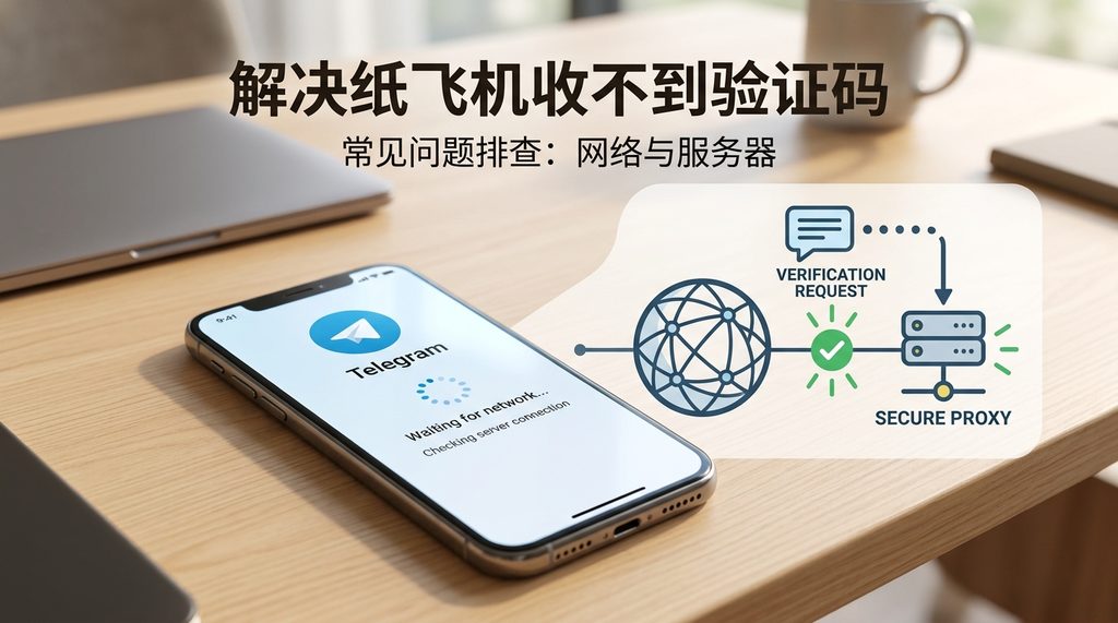 一个人的手机放在桌面上，屏幕显示正在尝试登录纸飞机的加载界面，旁边有一个稳定的网络节点连接示意图